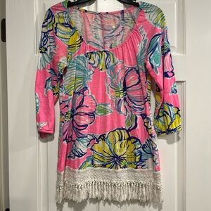 Lilly Pulitzer Pink, Blue & White Striped Floral Tee with Gold Logo